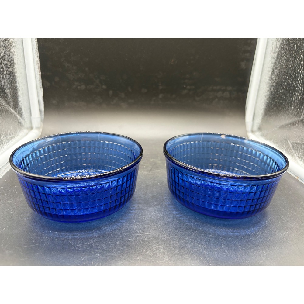 Libbey Cobalt Blue Glass Waffle Grid Pattern Bowls Set of 2 Round 5 Inch